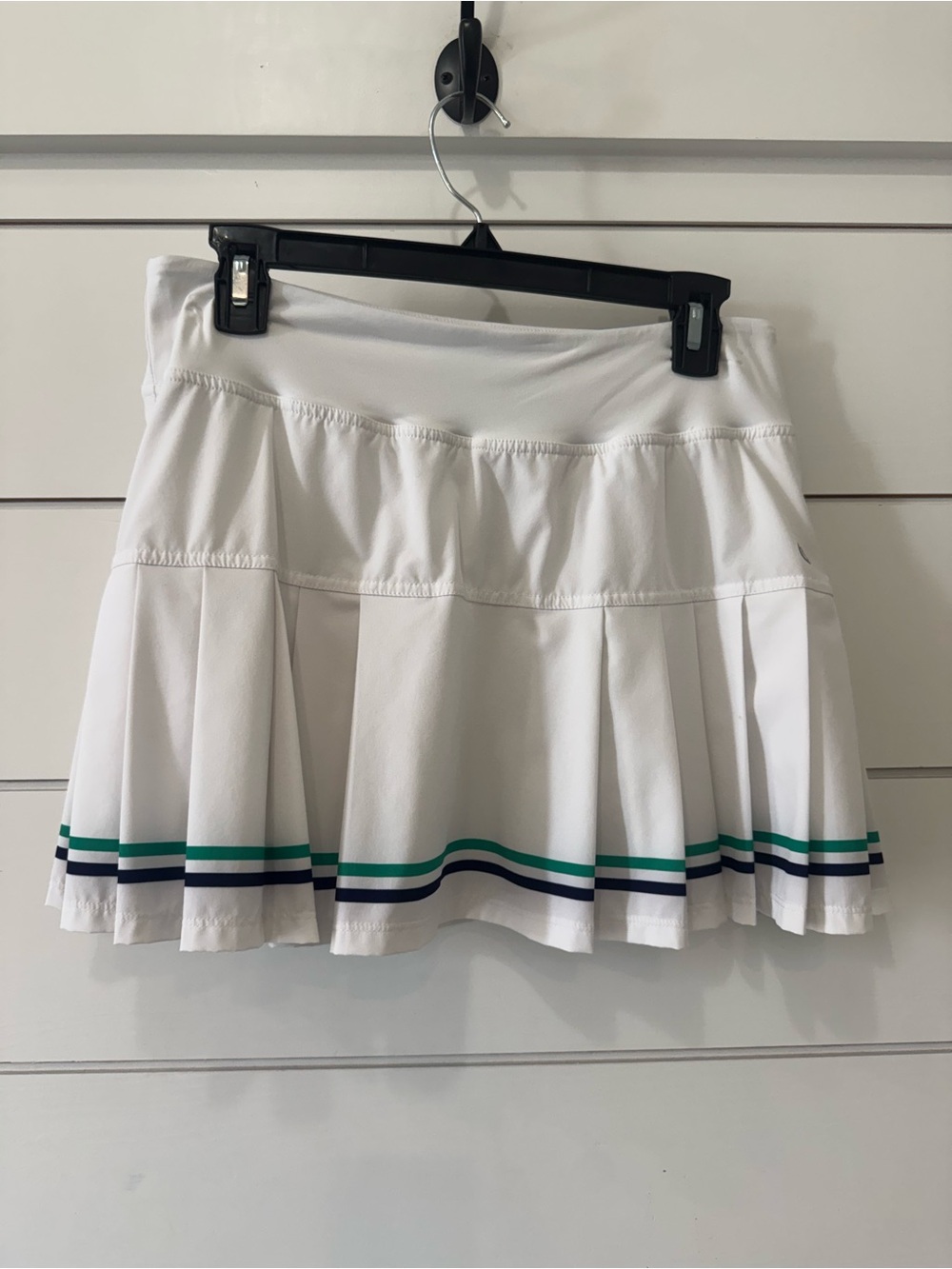 Lija White Pleated Athletic Tennis Skirt with Green & Navy Stripes